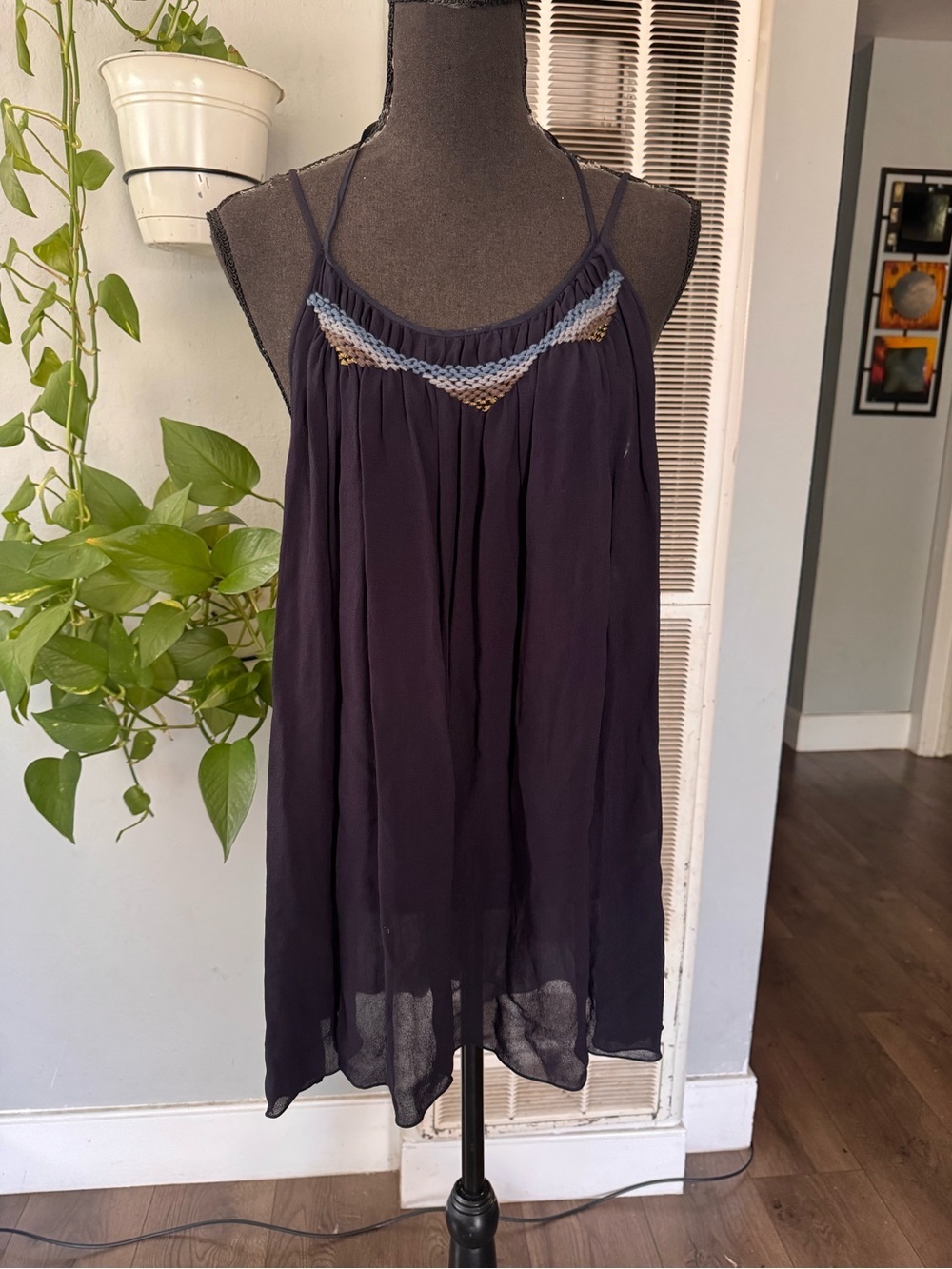 Navy Blue Sleeveless Crochet Yoke Tunic, Size M